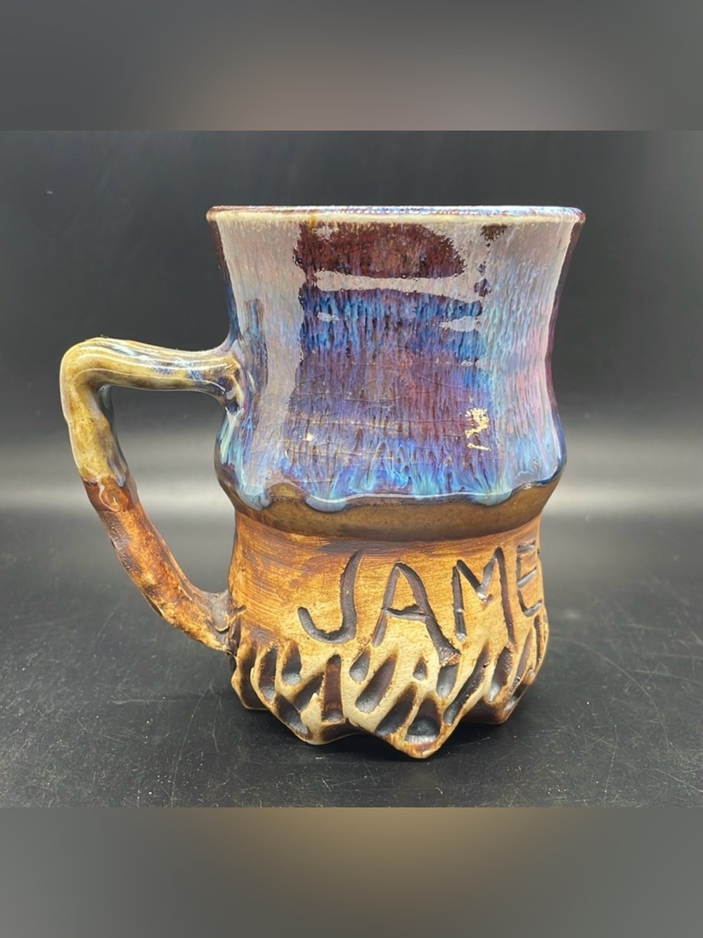 Joy Boston Jamestown Pottery Glaze Mug purple blue brown textured boho Signed